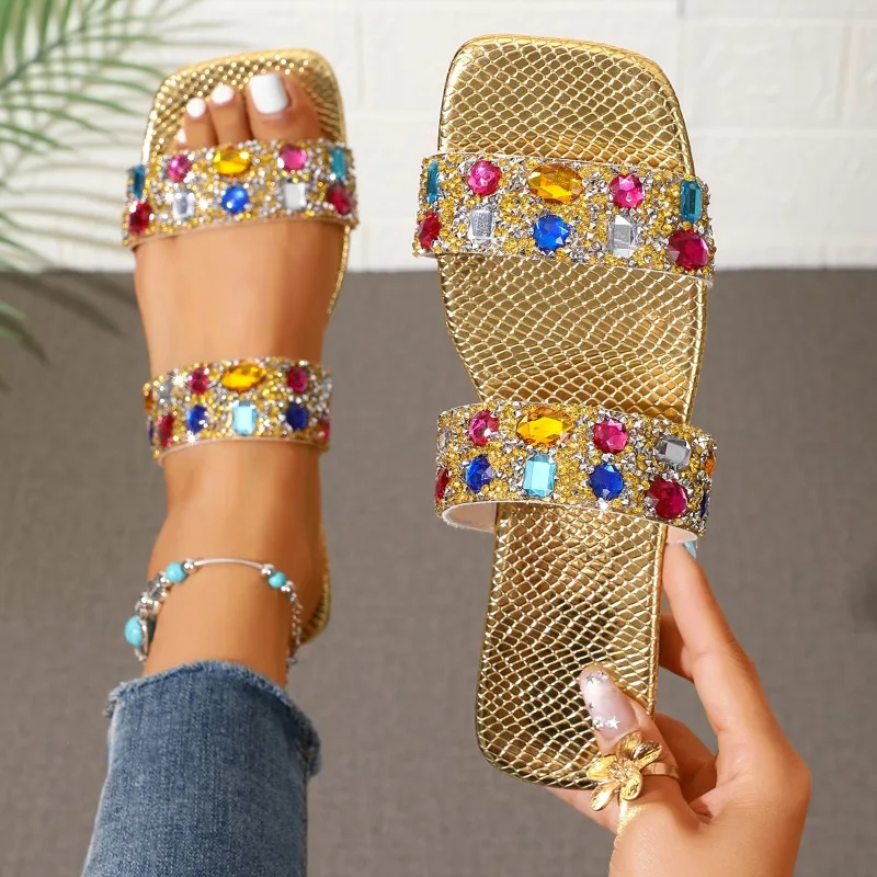

Women Lightweight Square Open Toe Comfortable Rhinestone Embellishment Hollow Out Vintage Fashionable Casual Slippers Summer New