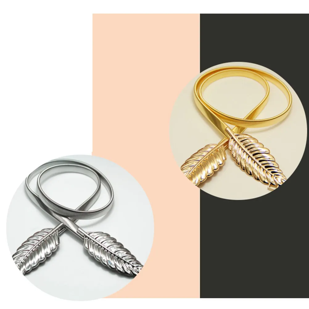 Metal Leaves Waist Belt Adjustable Stretch Elastic Skinny Leaf Shape Decorative Strap Silver for Wedding Dress Loose Blouse Coat view 5