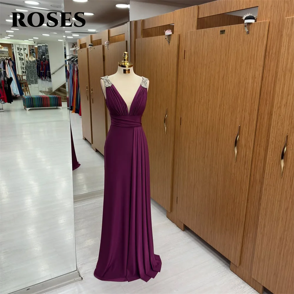 

ROSES Purple Elegant Wedding Party Dress Pleat Stain Long Celebrity Dress V-Neck Sleeveleless Sequin Occasion Dress Customized