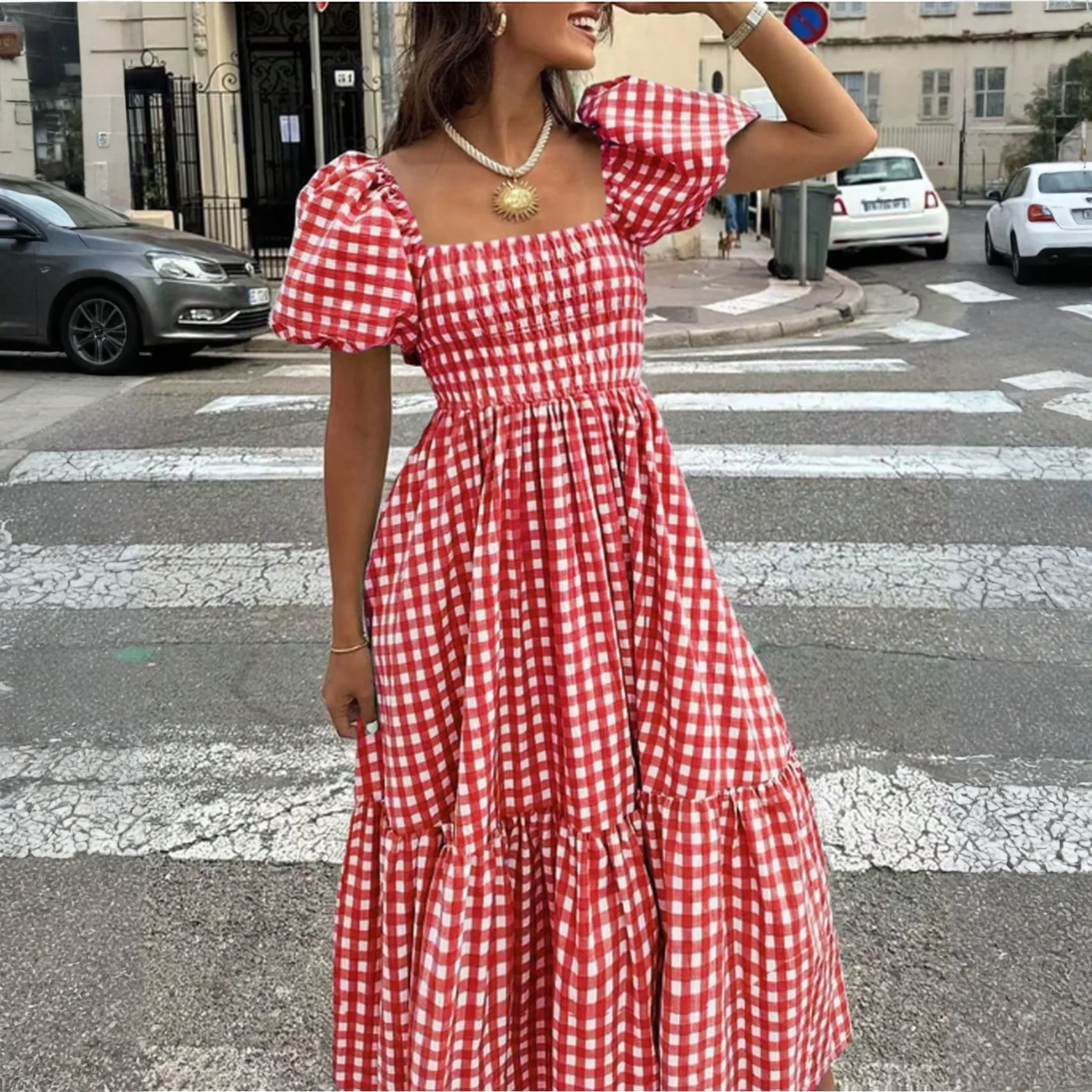 

Женское клетчатое платье в стиле ретро, модное струящееся платье миди с квадратным вырезом и пышными рукавами, летнее повседневное пляжное платье, Vestidos