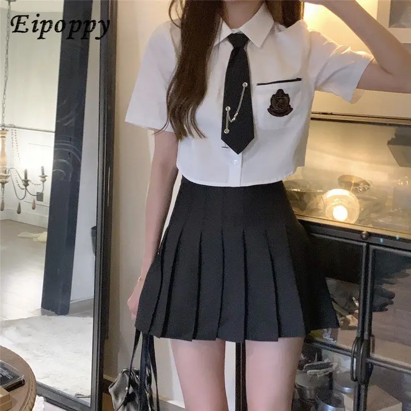 Preppy Style Suit Summer White Tie Shirt Women's Korean-Style School Uniform Pleated Skirt Suit