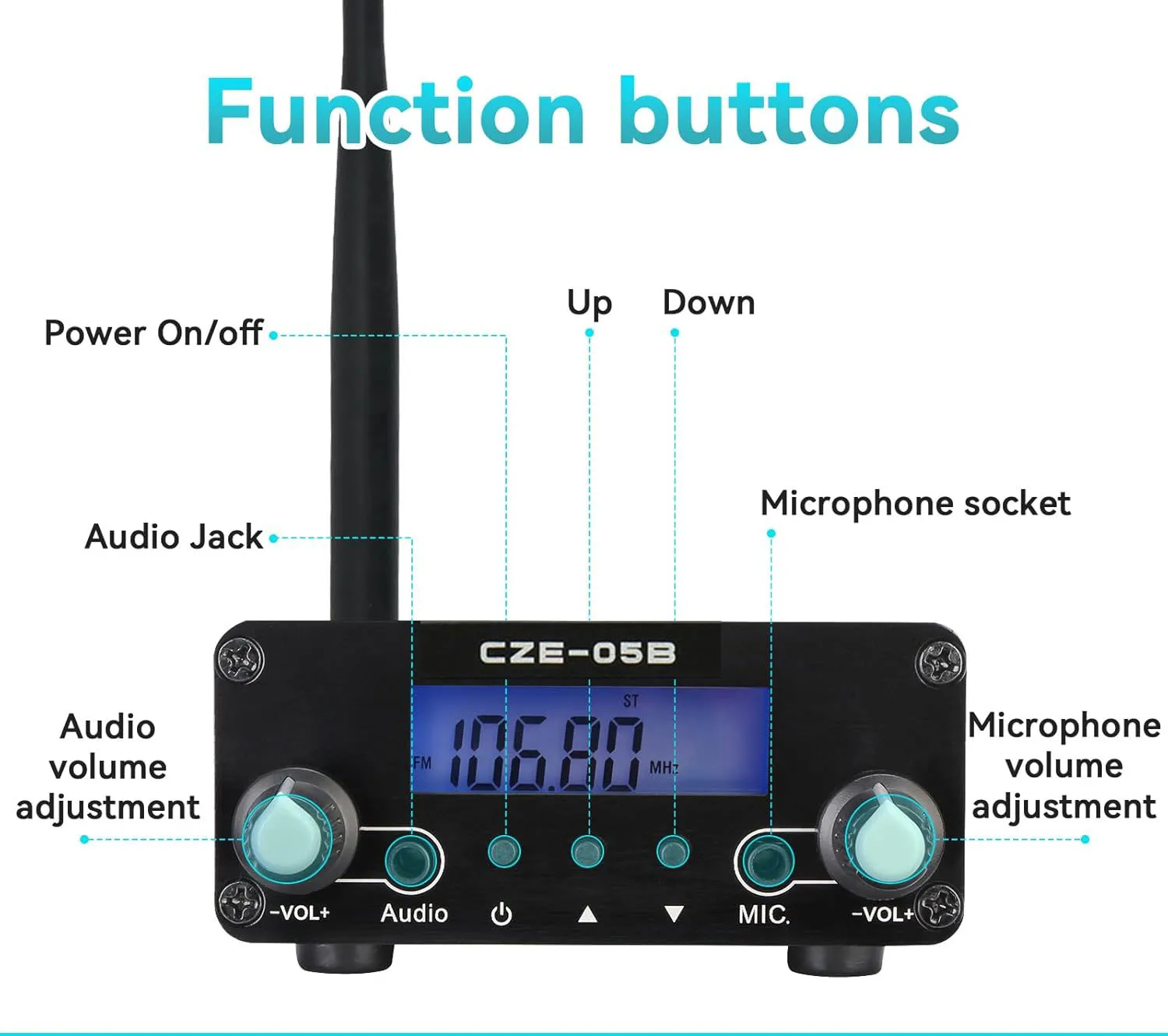 GOOD CZE-05B Black FCC Certified 500mW Wireless Stereo FM Transmitter Aluminum Alloy Audio Input for Silent Disco/Party/Events