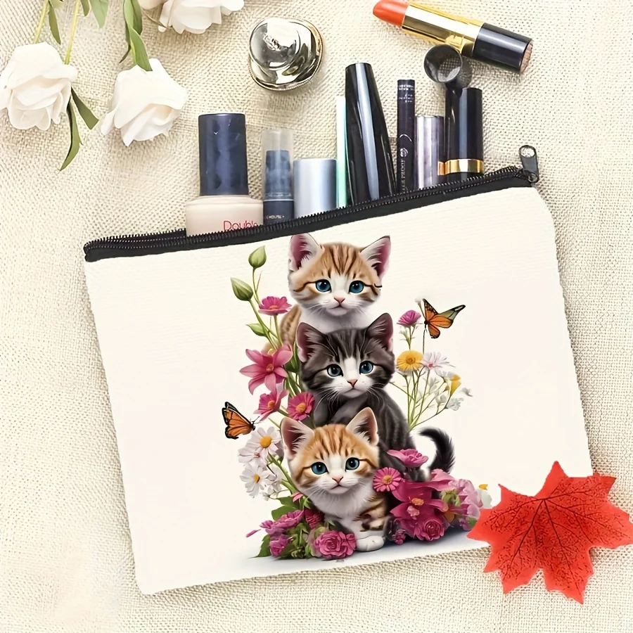 Cat Makeup Bag Vibrant Floral Design with Blue Eyed Kitten Portable Polyester Toiletry Pouch with Simple Zipper for Easy Storage