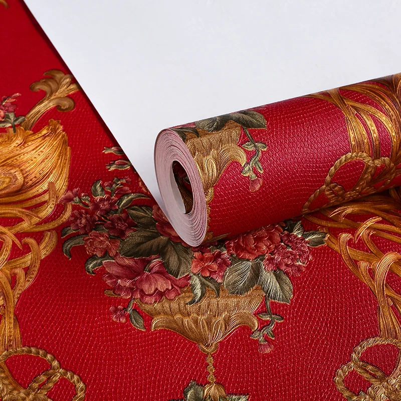 European Damask Floral Wallpaper 3D Red Background Golden Peacock Feather Rose Wall Paper for Living Room Bedroom TV Home Decor