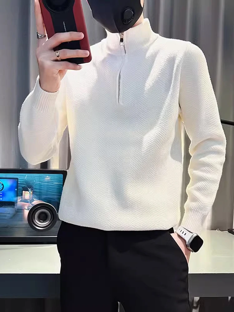 

Мужской вязаный свитер на молнии с воротником-стойкой, белый, повседневный, с длинным рукавом, модный, для ношения под одеждой, молодежный, свободный крой