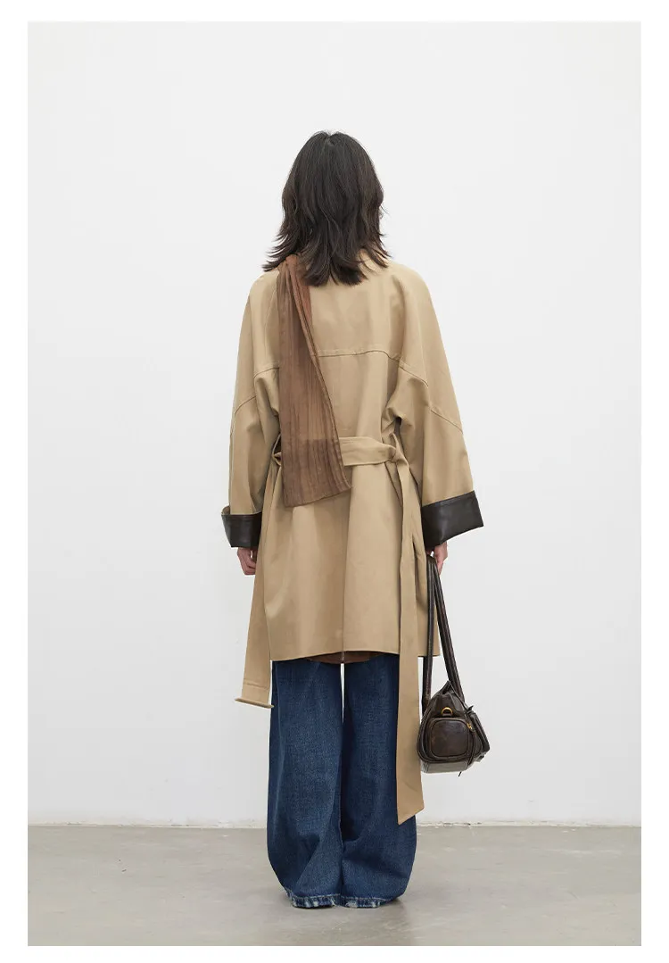 CHIC VEN Korean Women Mid Length PU Jacket Stand Collar One-button Laced Up Overcoat Office Lady Trench Coat Spring Autumn 2026