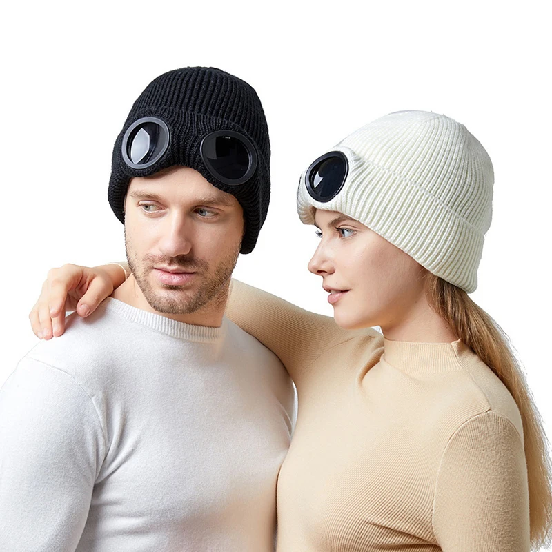 Heißer Verkauf Unisex Männer Frauen Gestrickte Hut Mit Brille Winddicht Winter Wärmer Ski Mützen Weiche Warme Anti-slip Gehörschutz