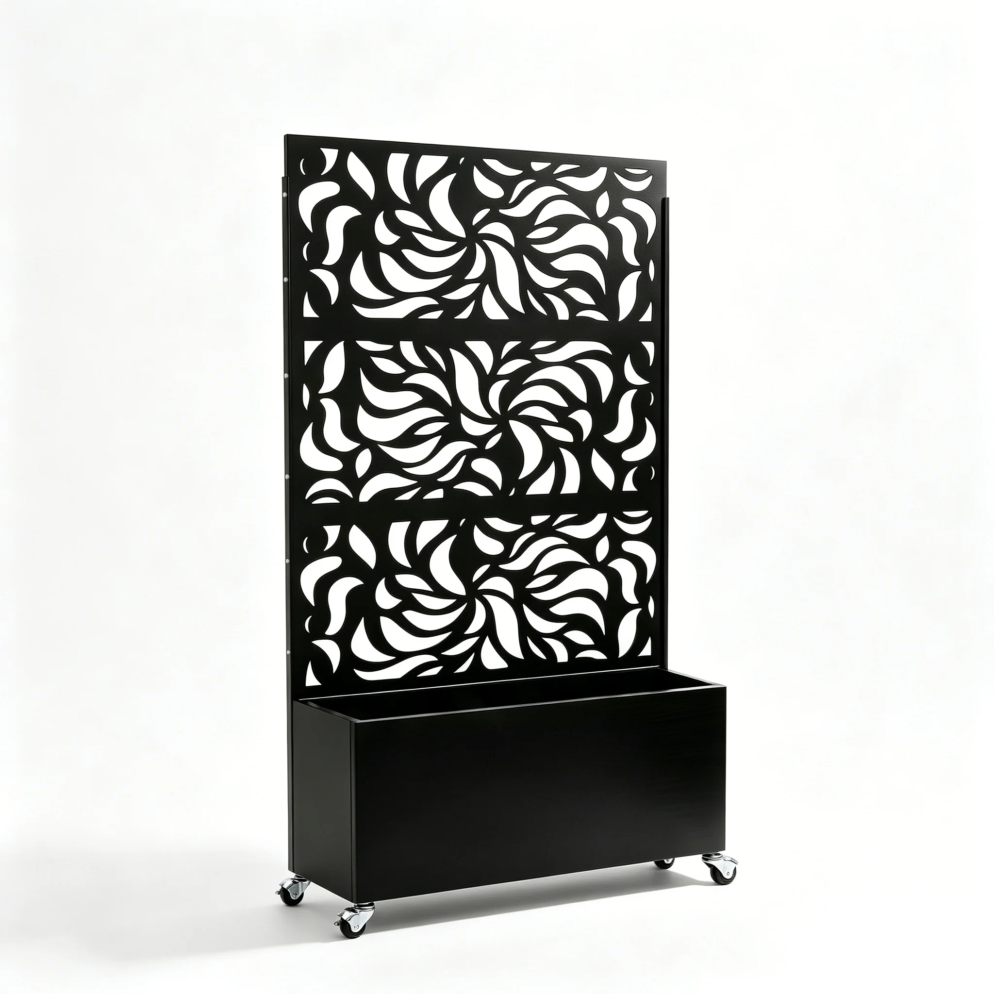 70.87" H × 46.06" W Leaf Pattern Privacy Screen with Planter Box, Black Metal Freestanding Decorative Fence Planter for Patio