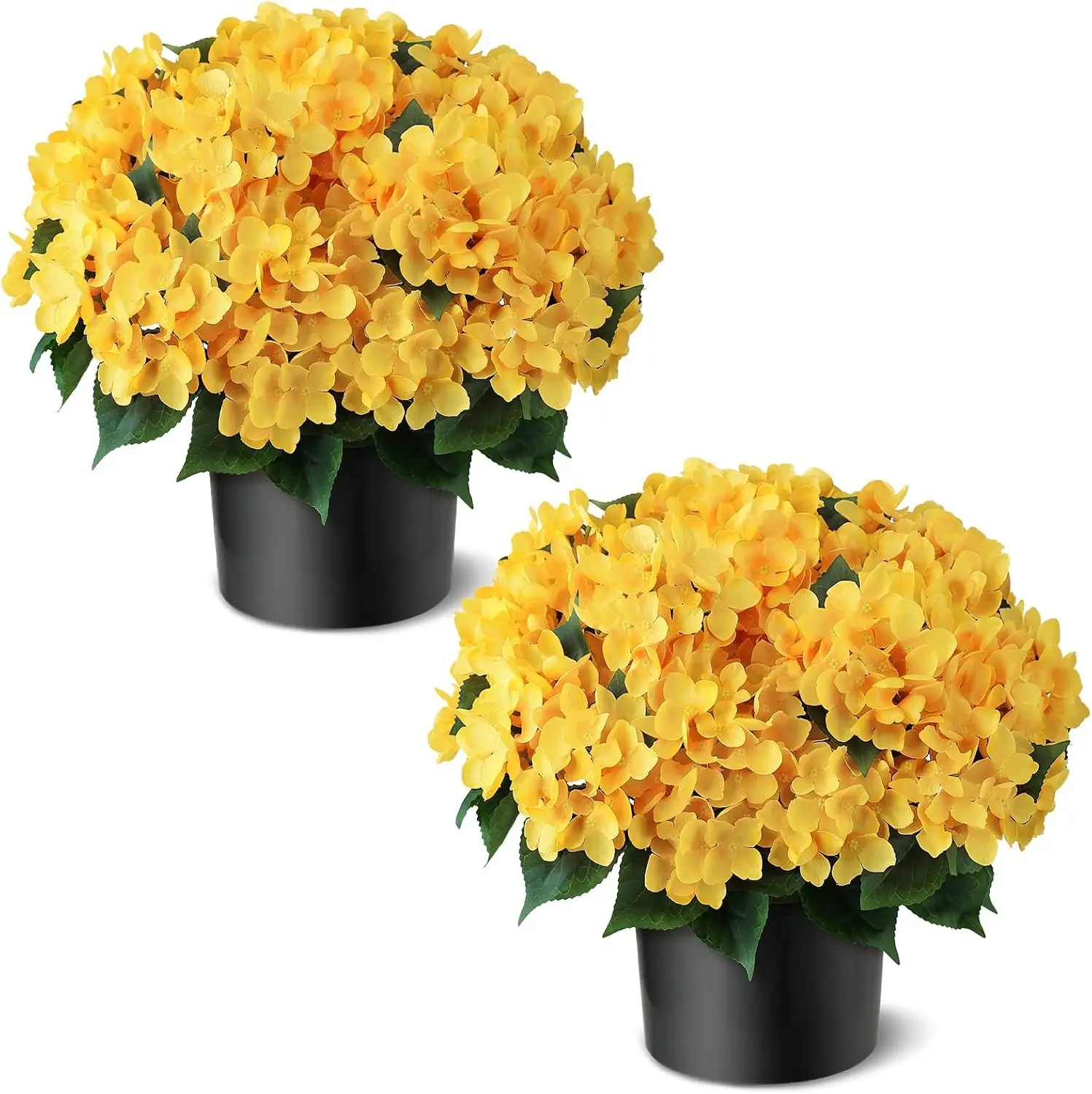 Yellow Artificial Hydrangea Flower Topiary Ball Trees, 2 Sets of Faux Plants for Porch Decoration