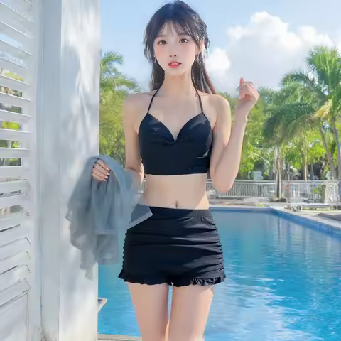 Conjunto de Biquíni de Três Peças Cinza Escuro com Saída de Praia em Tule e Shorts de Cintura Alta – Moda Praia Discreta para Férias na Praia e Piscina