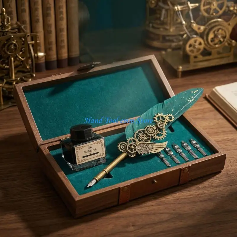 H37F Antique Quill Pen With Inks And 5 Nibs Retro Metal Engraved Dip Pen Set For Beginner Enthusiasts