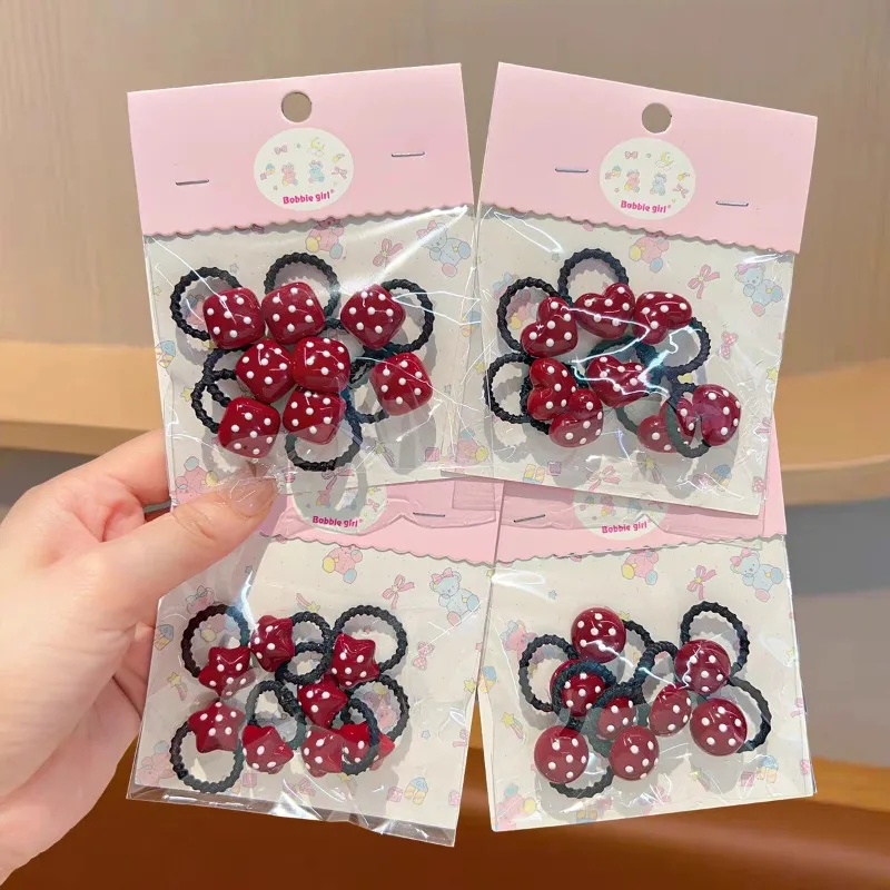 

Mini Hair Ties Set for Girls Red Polka Dot Star Heart Flower High Elasticity Soft Non Slip Cute Ponytail Holders Kids Daily Gift