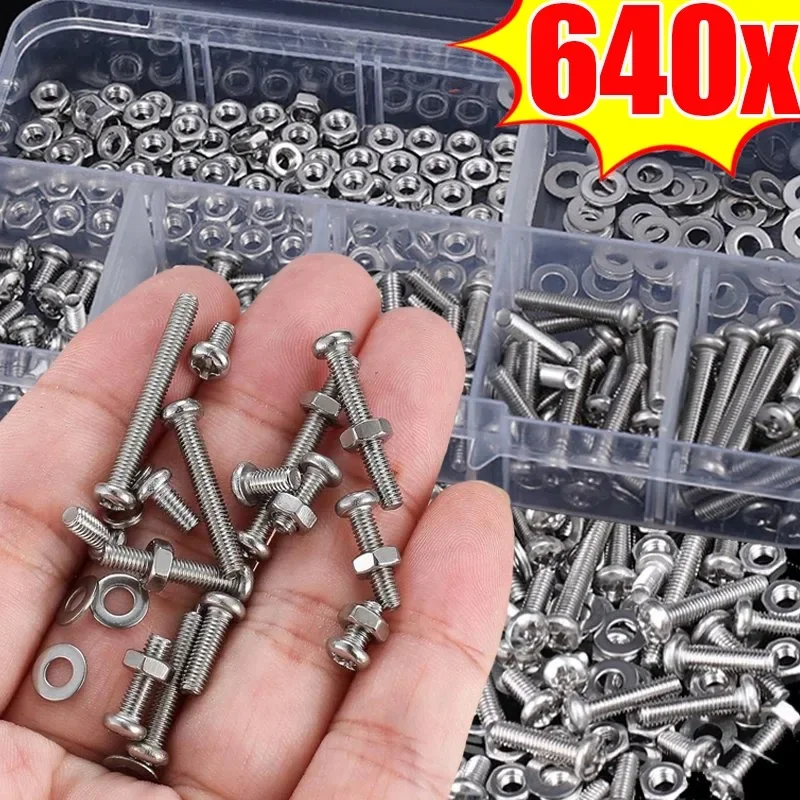 M3 Stainless Steel Hexagon Socket Screw Nut Set Flat Round Caps Head Bolt Gasket Washers Bolts Fastener Set Hardware Assortment