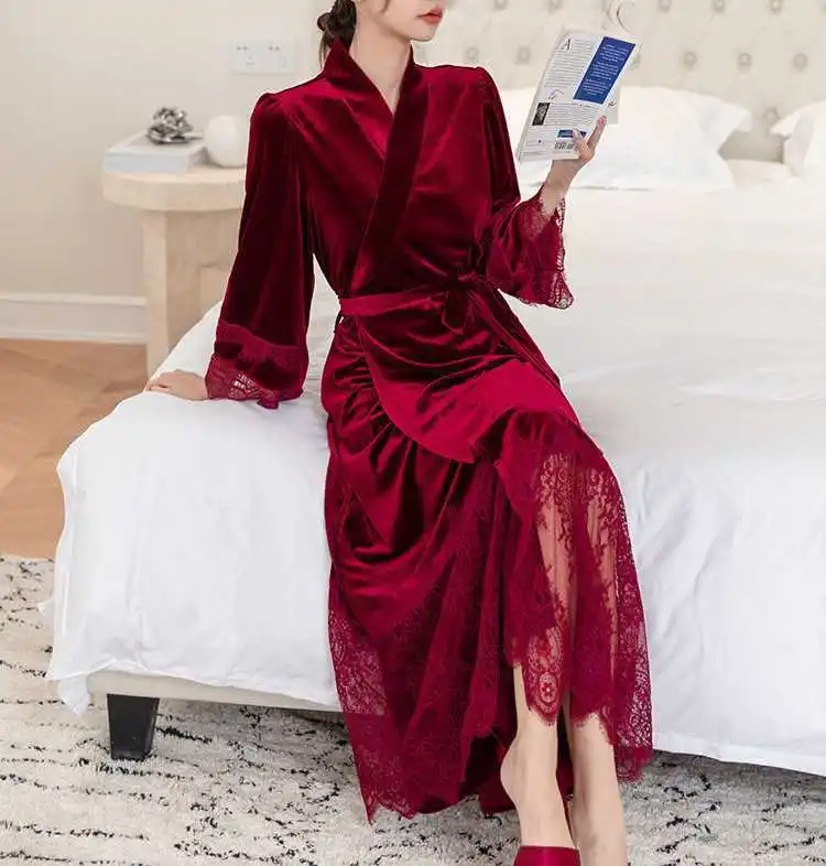 Long Sleeve V Neck Solid Color 2Pcs Robe Solid Velvet Sleep Suit Home Dress Wine Red Sexy Split Fork Lace Cardigan Sling