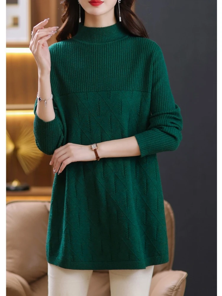 

Женский вязаный свитер больших размеров средней длины с высоким воротом, свободного кроя, осенне-зимний, из полиэфирного волокна, для повседневной носки