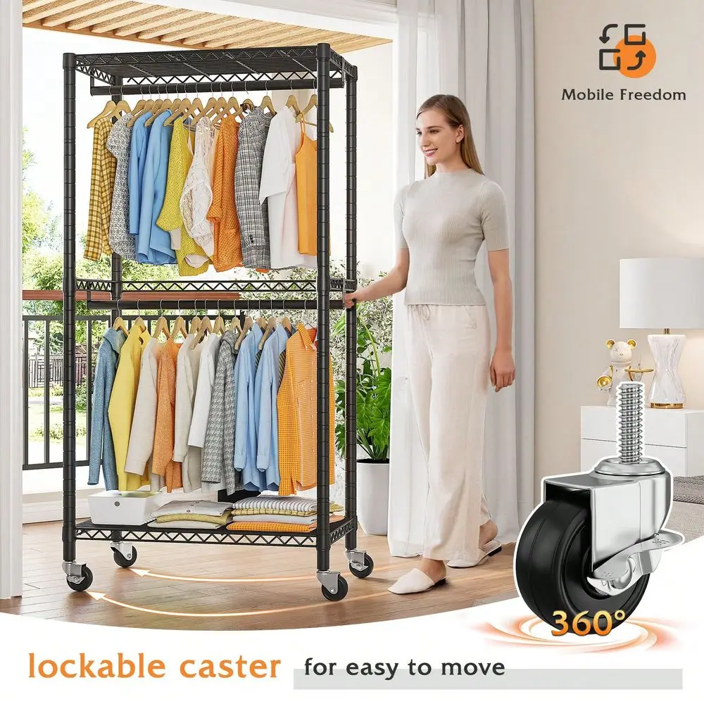 

Heavy Duty Adjustable Metal Clothing Rack On Wheels Versatile Rolling Garment Rack For Home Decor, Room Organization, And Back