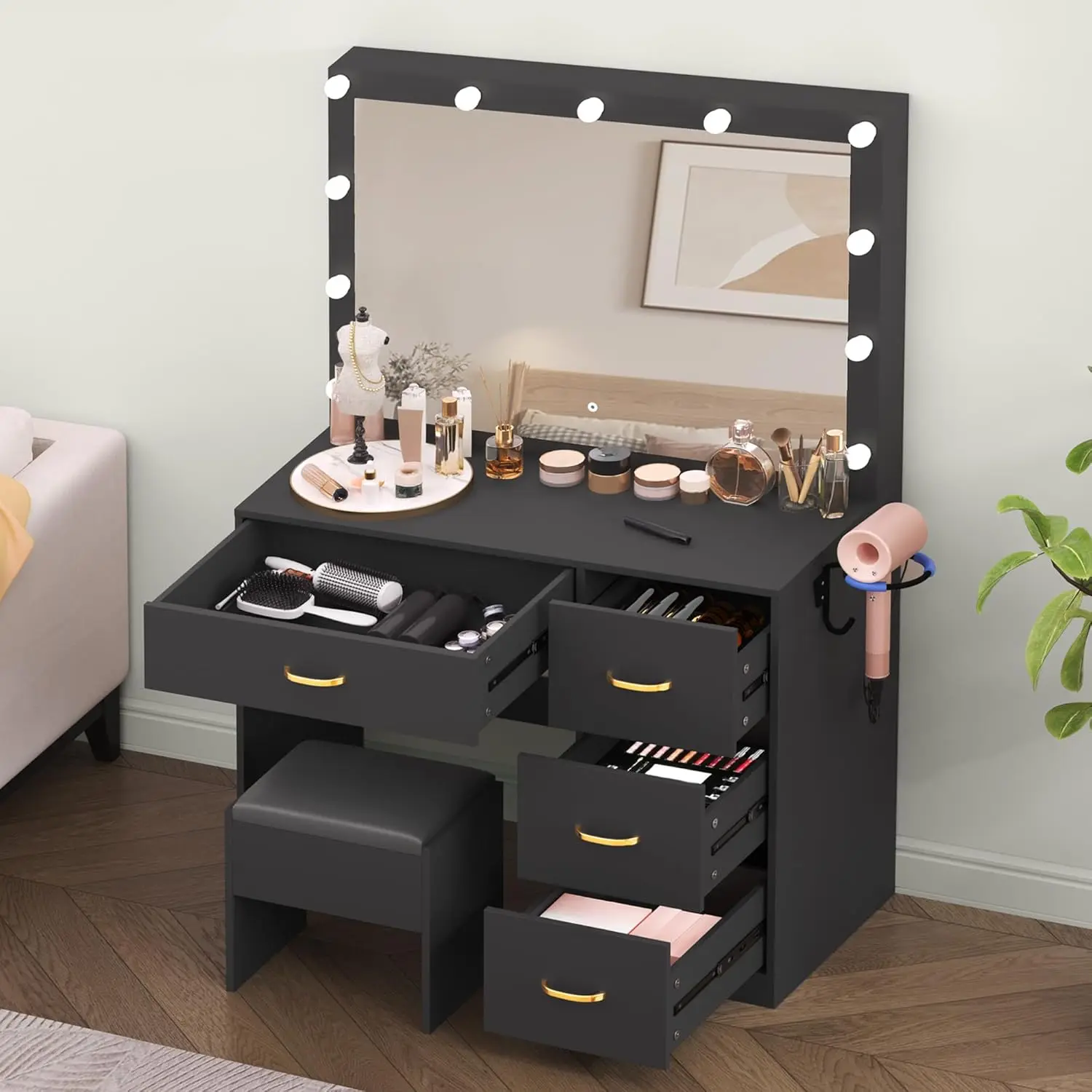 Lighted Mirror Makeup Vanity Desk with Power Outlets, Storage Drawers, and Stool