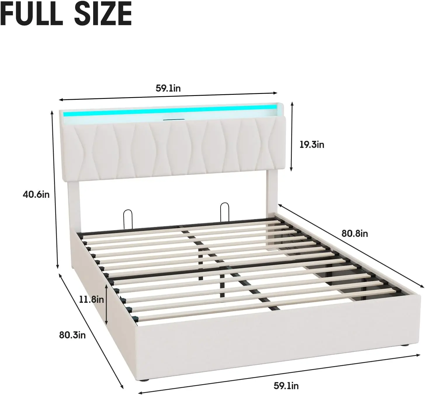 Lift Up Storage Bed Frame, Height Adjustable Storage Headboard with Charging Station, LED Lights Upholstered Platform Bed
