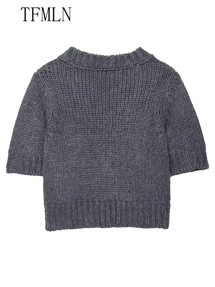 TFMLN 2025 الخريف السببية المرأة الصلبة محبوك البلوزات موضة الخامس الرقبة قصيرة الأكمام اقتصاص البلوز القمم شيك السيدات تريكو
