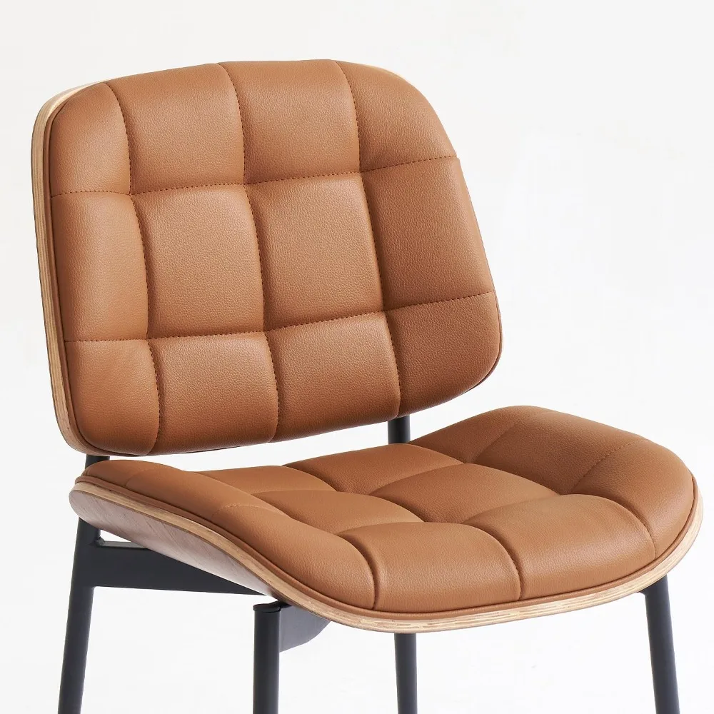 

Mid Century Modern Dining Chairs with Walnut Grain Back, Brown Faux Leather Dining Room Chairs Set of 4, Checkered Soft Cushion