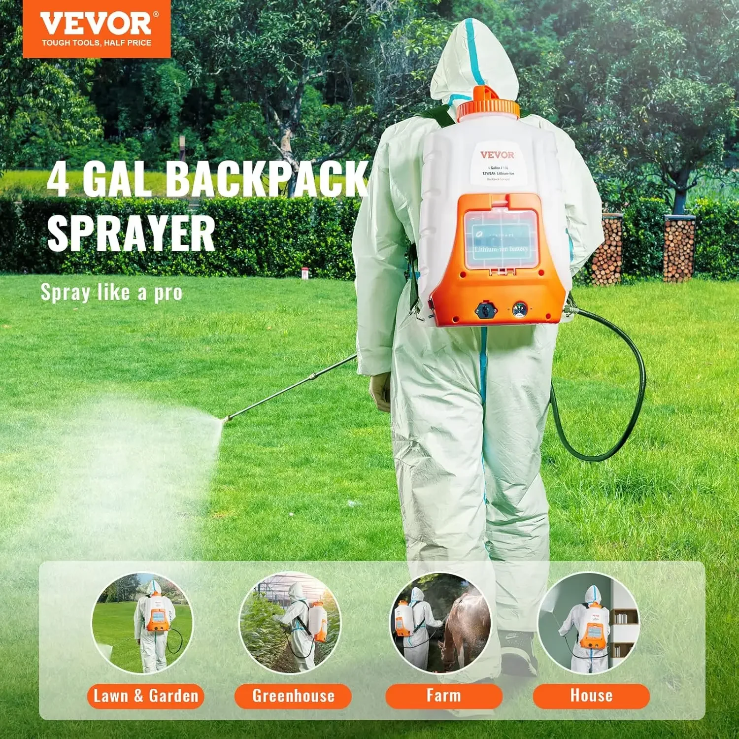 Battery Powered Backpack Sprayer, 0-90 PSI Adjustable Pressure, 4 Gallon Tank, Back Pack Sprayer with 8 Nozzles and 2 Wands