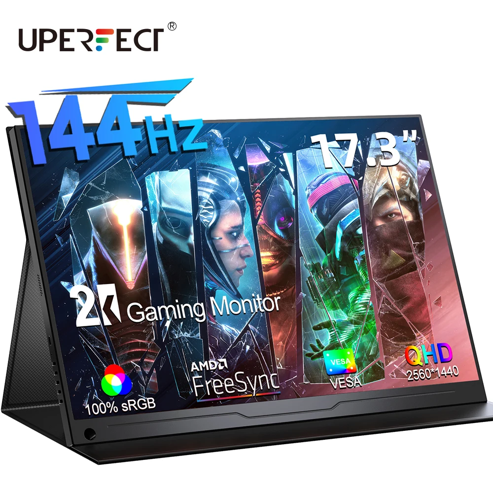 UPERFECT 2K 144Hz 휴대용 모니터 17.3 인치 2560×1440 QHD 게임 여행용 디스플레이 노트북 HDR IPS 스크린 VESA 커버 스탠드 포함 PC Mac 전화 게임 콘솔 스팀 데크 스위치 PS5 XBOX 용 듀얼 스피커