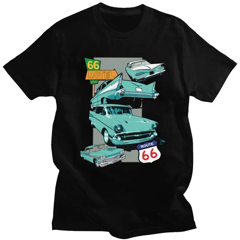 Custom Route 66 Classic Car Nostalgia T Shirt Men Pure Cotton Tshirt Casual Tee Short Sleeves Car Lover T-shirts Fitted Clothing