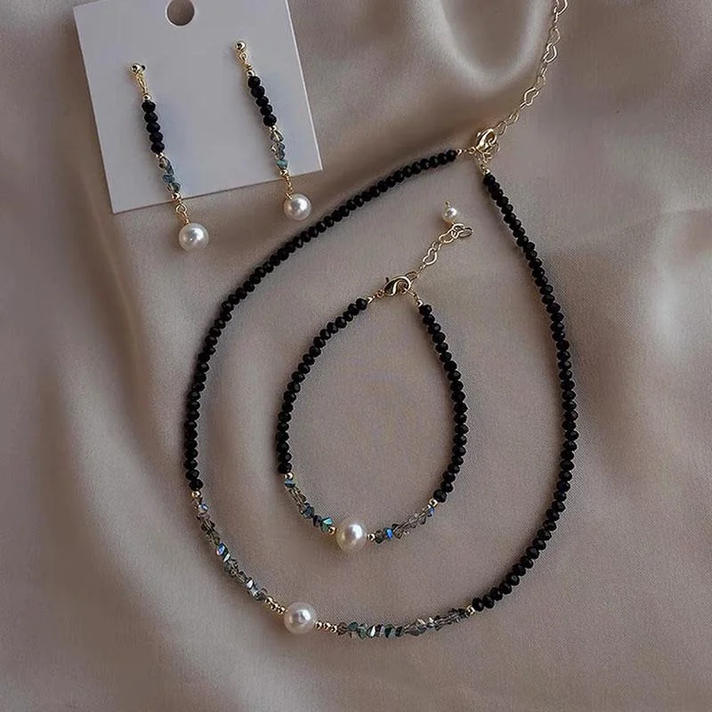 Natural Black Spinel Moonstone Pearl Necklace Earring Bracelet Set Gemstone Beaded Thin Jewelry Set Wedding Engagement Gift