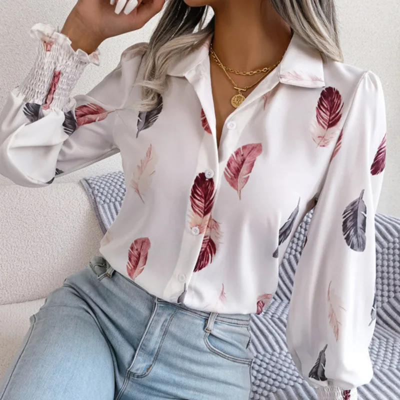 Women Spring Summer Temperament Feather Lantern Sleeve Lapel Shirt Casual Holiday Comfort Top Fashion Basics Commuter Women Wear