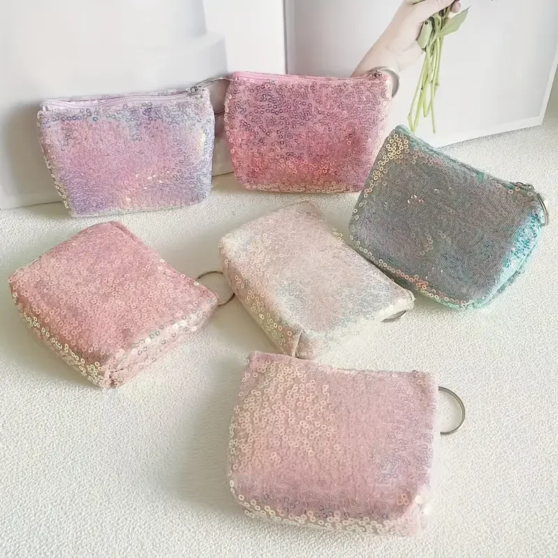 Women's Wallet New Fashionable 6pcs Sequin Coin Purses with Keychains,Mini Wallets, Compact Glitter Clutch Bags, Ladies' Key Bag