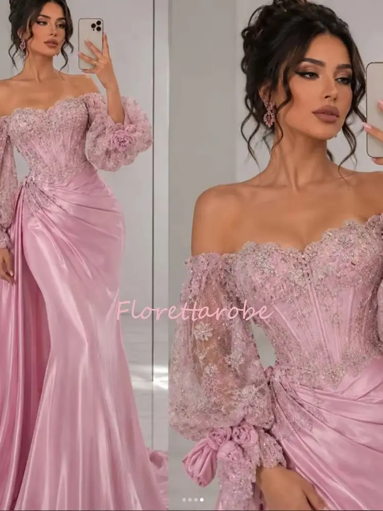 Off Shoulder Long Sleeves Prom Dress Women Dubai Lace Appliques Sequins Evening Dresses Saudi Arabia Long Party Gowns Customized