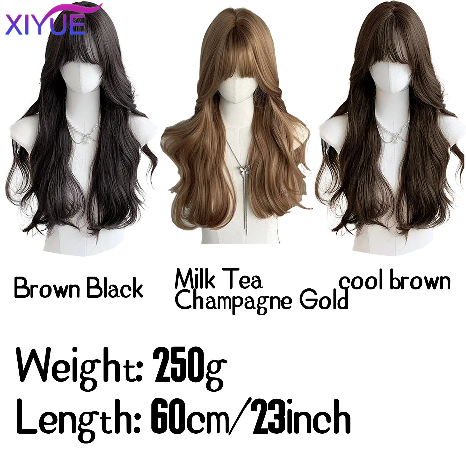 XIYUE Popular Brown Ash Long Deep Wave Hair Lolita Wigs With Bangs Synthetic Wig For Women Fashion Thick Curls Wigs Girl