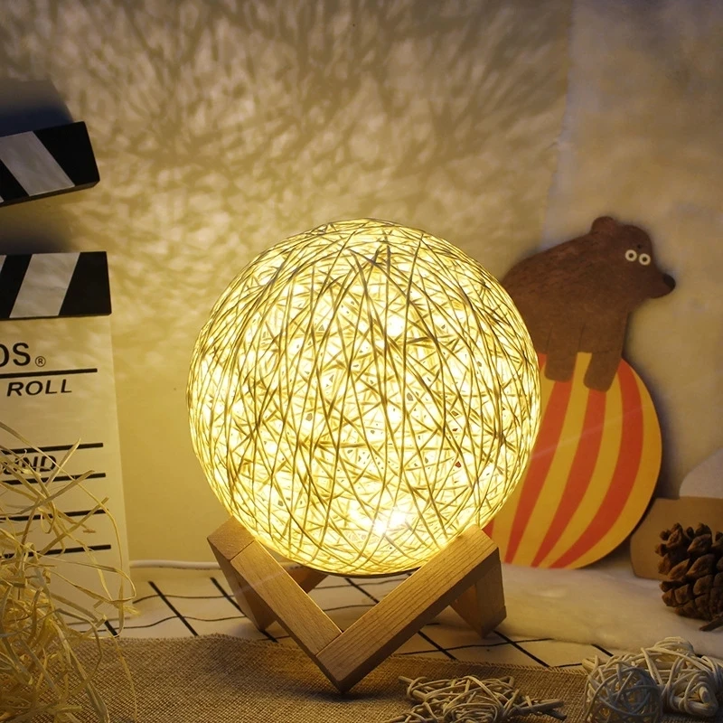 LED Rattan Ball Table Night Lamp 3D Moon Bedside Light Creative Wood Rattan Ball Light With Wooden Stand For Living Room Decor