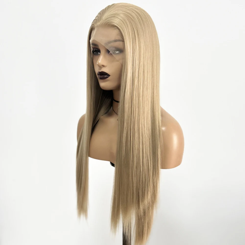 AIMEYA Straight Synthetic Lace Front Wigs Ash Blonde Lace Front High Quality Synthetic Wig Cosplay Party Lace Wigs for Women