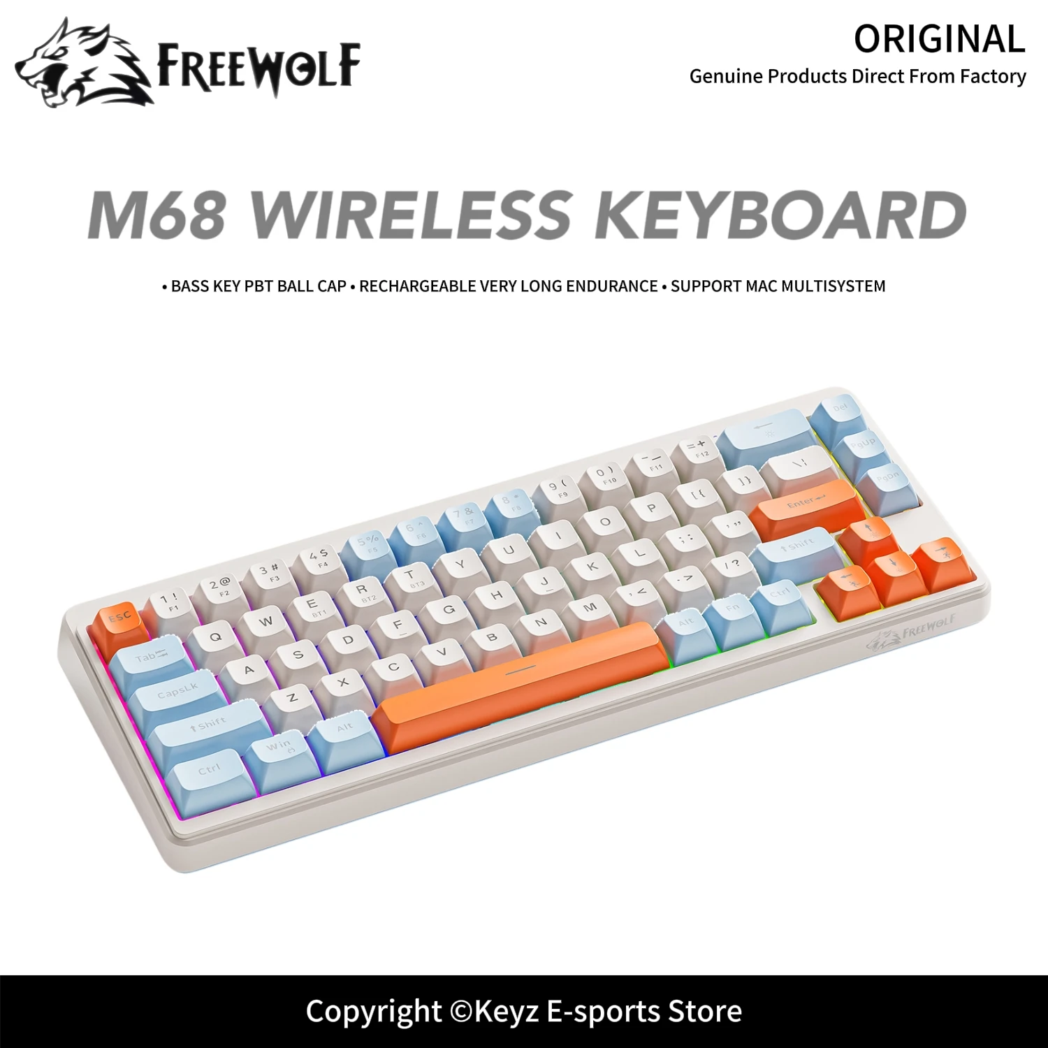 3-Mode Wireless Mechanical Keyboard FREEWOLF M68 Compact Keyboard PBT Oil-Proof Keycaps 2000mAh Battery RGB Backlit for E-Sports