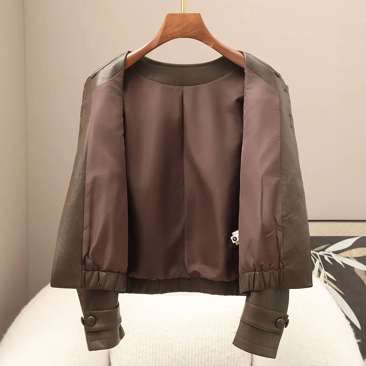 Kort rondhals jack van imitatieleer, nieuw, casual, modieus, rondhals jas voor dames