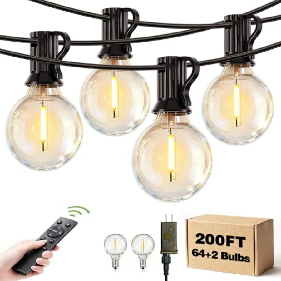

Outdoor Patio String Lights Waterproof with Remote 200Feet 64+2 G40 Edison LED Shatterproof Bulbs Hanging Outside Light for Bac