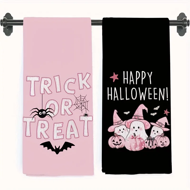 2-piece set, pink and black, Halloween fall kitchen towel, cute tea towel.