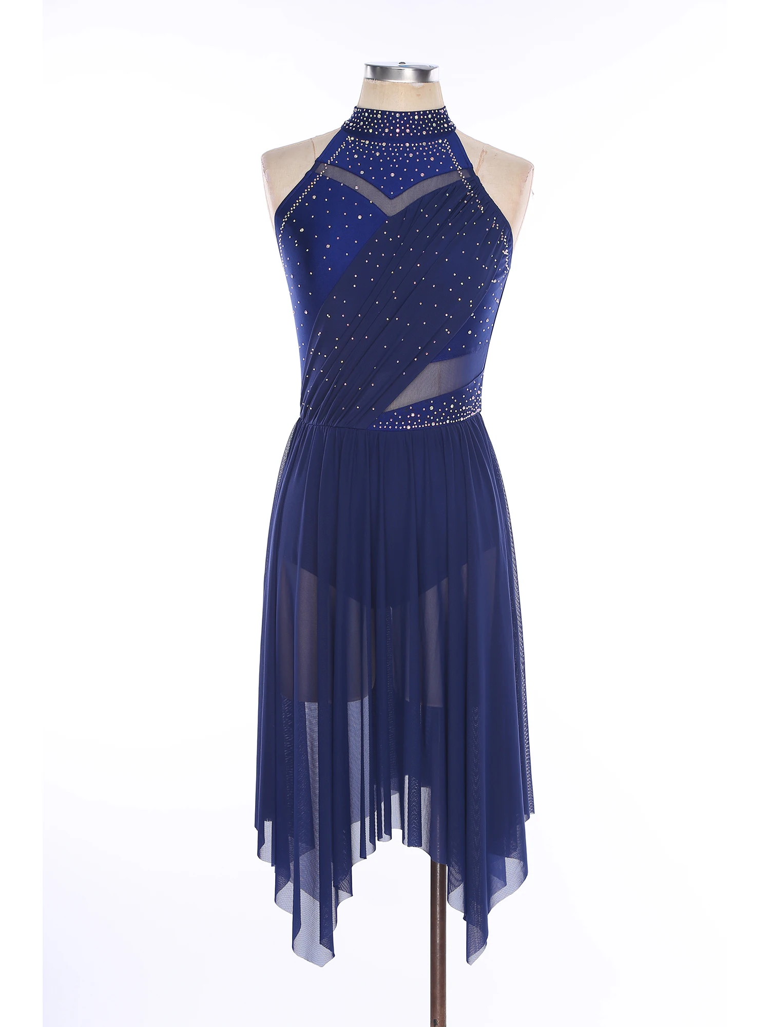 

Women Lyrical Dance Costumes Halter Glittery Rhinestone Irregular Mesh Leotards Skirt Dance Dress for Figure Skating Competition
