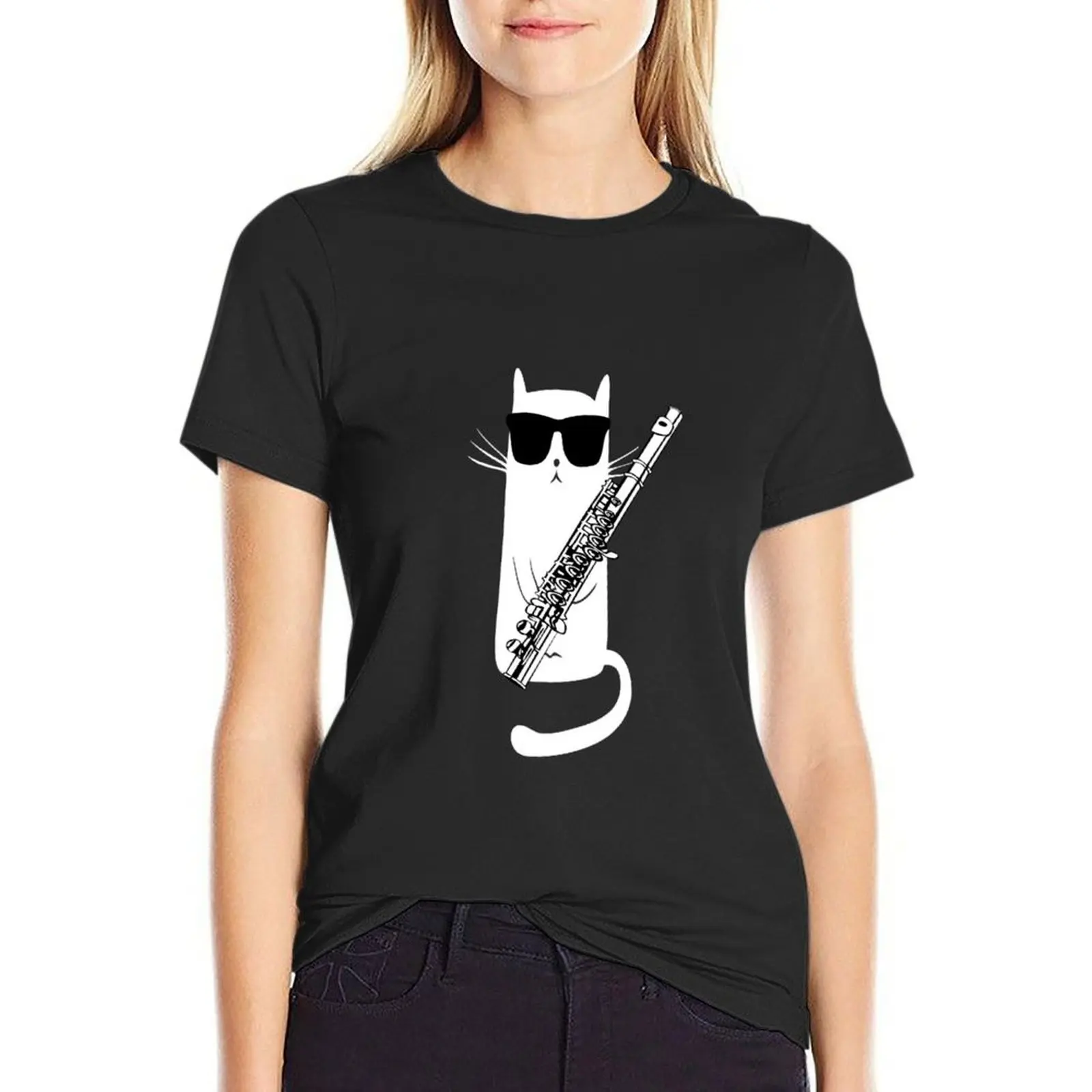 Funny Cat usando óculos escuros para mulheres, camiseta com flauta, tops plus size, ajuste solto