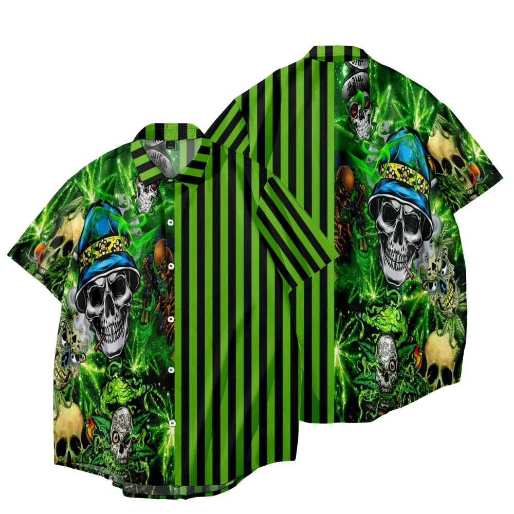 

Casual Printed Short Sleeve Shirt Men Street 2022 Hawaii Beach Oversize Skull Green Stripes Fashion Harujuku Shirts For Men