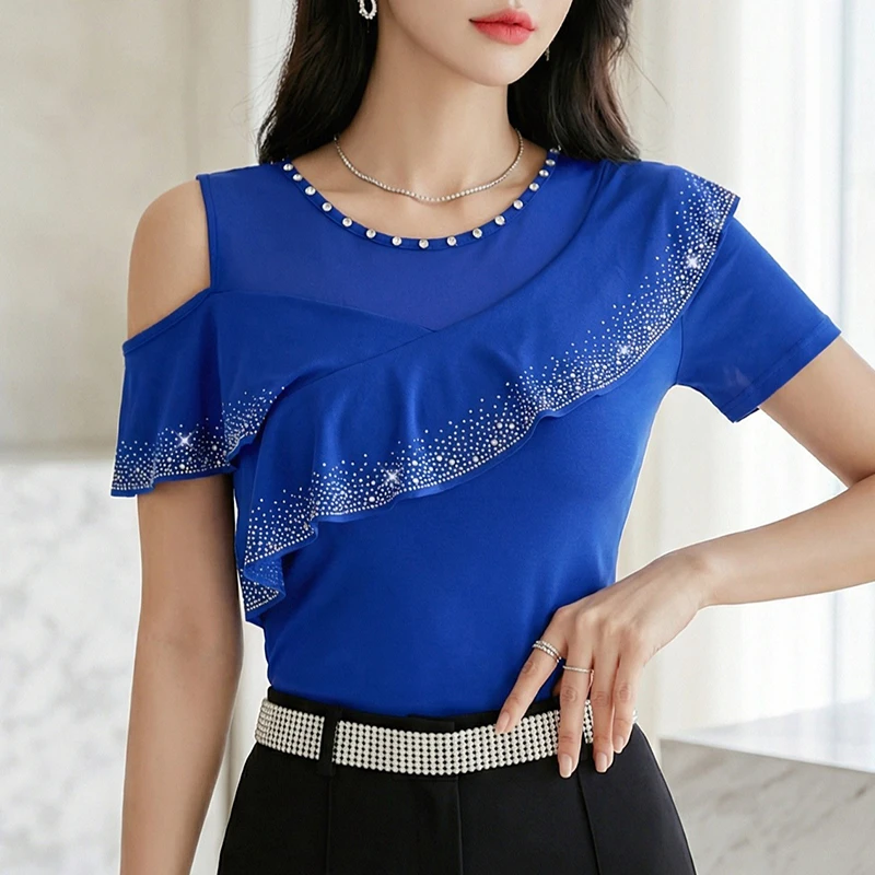 Summer 2026 New Short Sleeved O-Neck Women's T-Shirts Elegant Elastic With Hot Diamond Hollow Out Ruffle Mesh Top