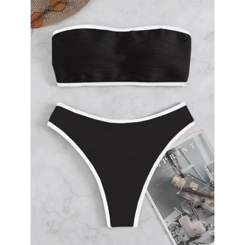 Bikinis Bandeau con encuadernación en contraste para mujer, traje de baño Sexy con Tanga, traje de baño de realce, ropa de playa para nadar 2024