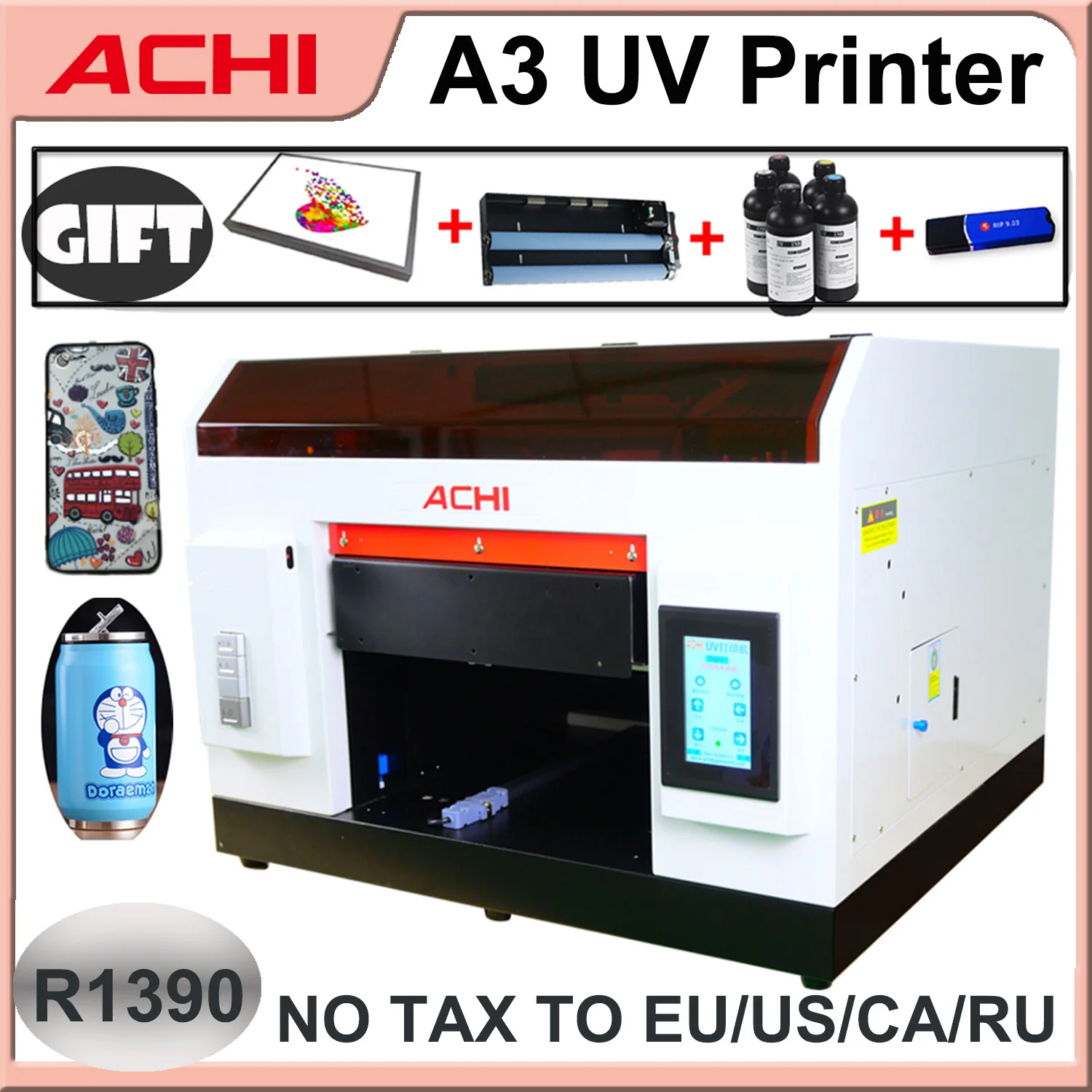 

УФ-принтер ACHI A3 R1390 Планшетный УФ-принтер с приспособлением для футболок и УФ-чернилами для цилиндра, бутылки, стекла, металла, дерева, печати