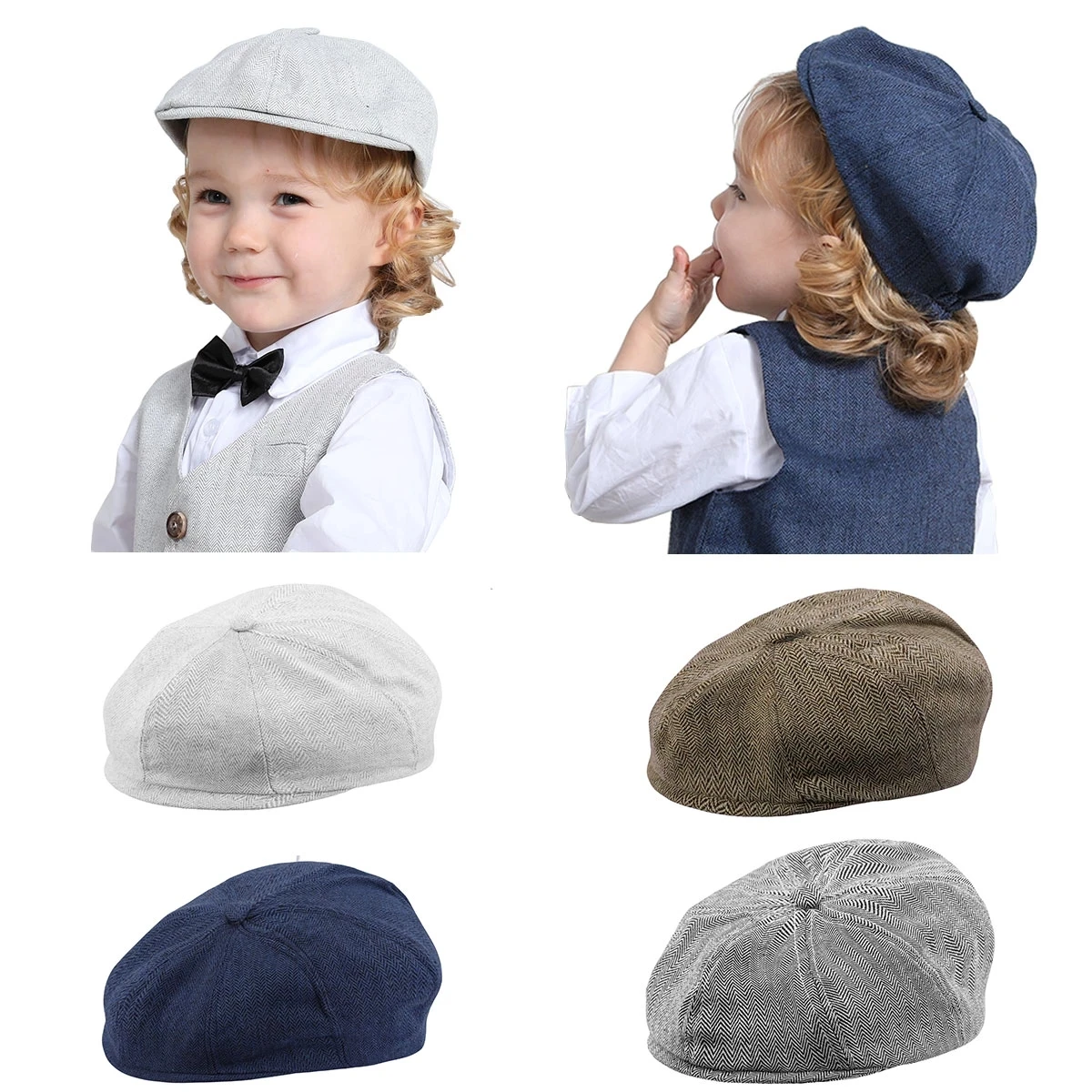 Baby Boys Newsboy Hat Kids Herringbone Flat Cap Infant Retro Beret Accessories Toddler Felt Soft Lining Thick Warm