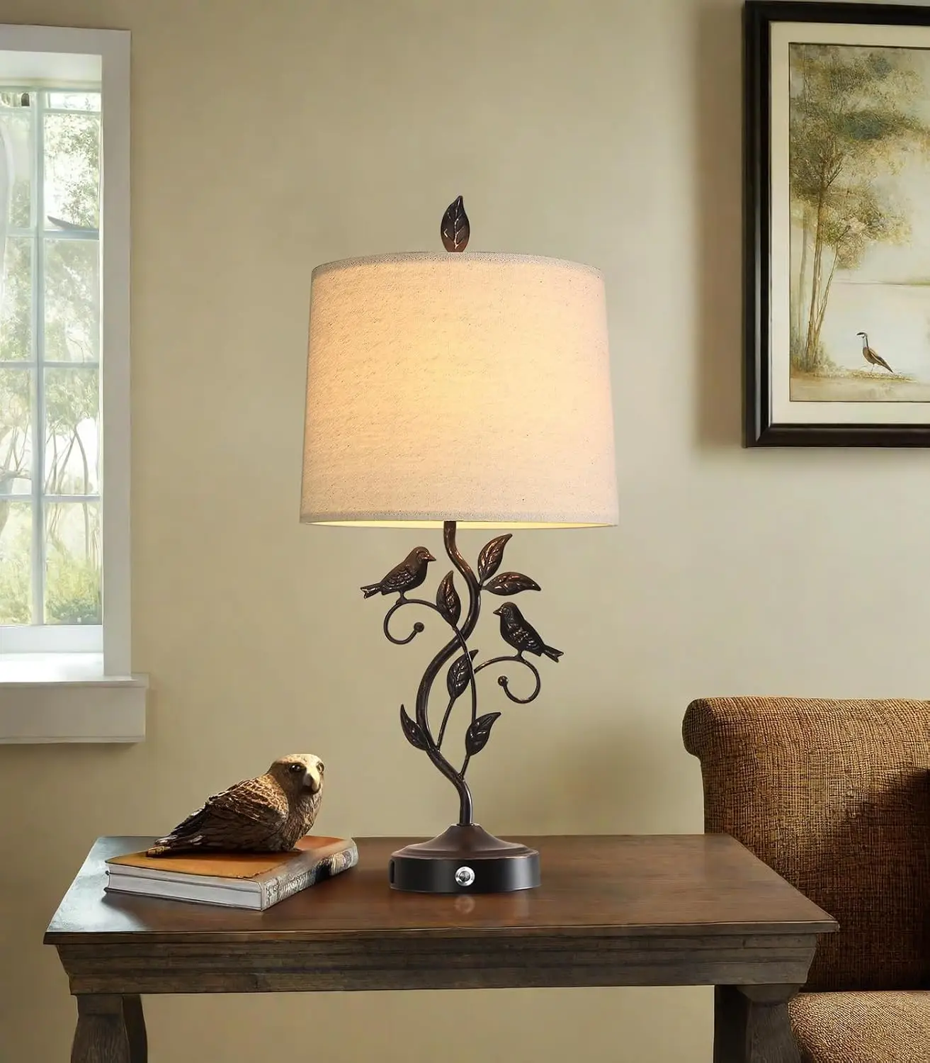 27' Touch Farmhouse Table Lamp with 3-Way Dimmer, 2 USB Ports, Vintage Iron Leaf LED Nightstand Lamp