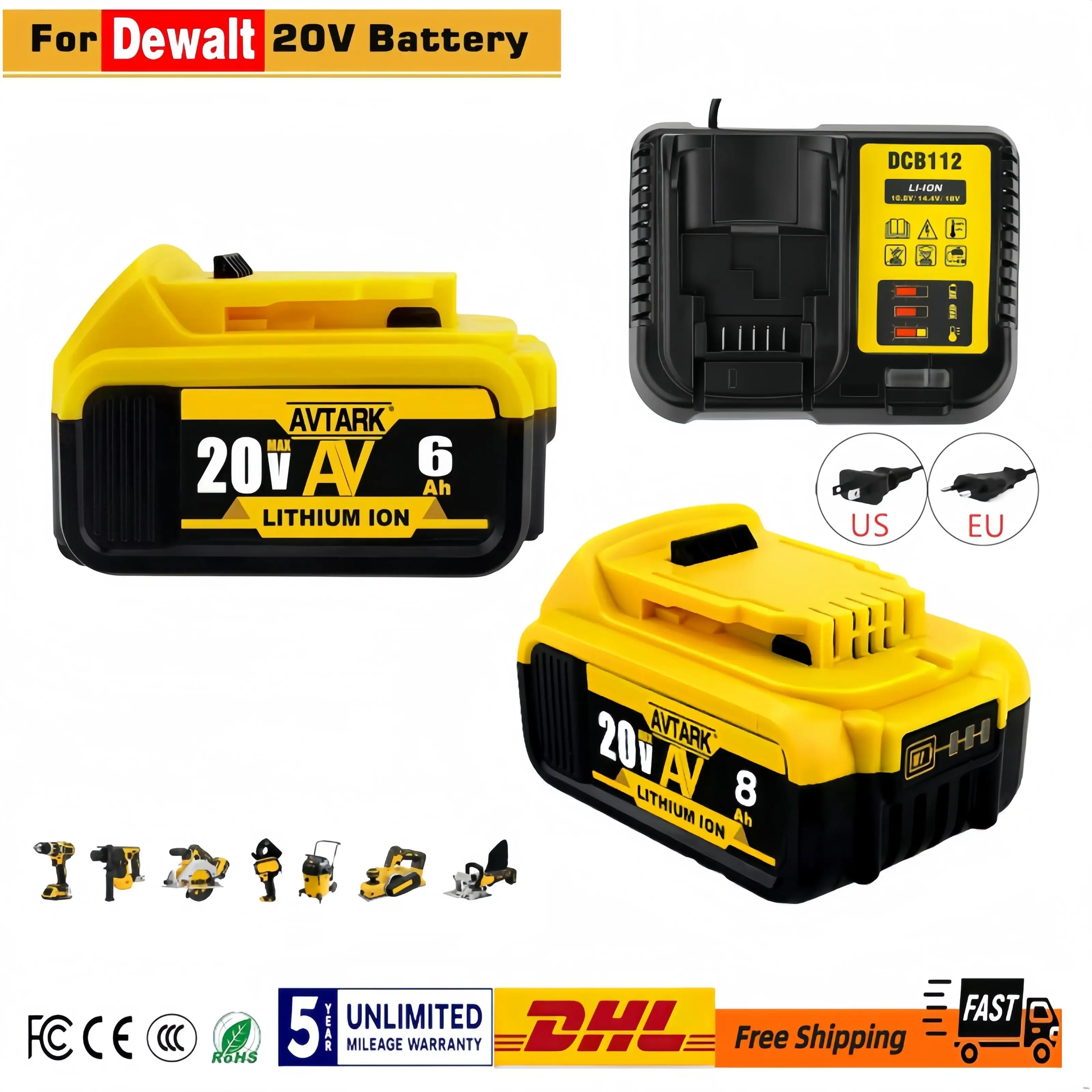 

20V 6000mAh DCB200 Replaceable Li-ion Battery Compatible for Dewalt 18V MAX Power Tools 18650 Lithium Batteries with charger