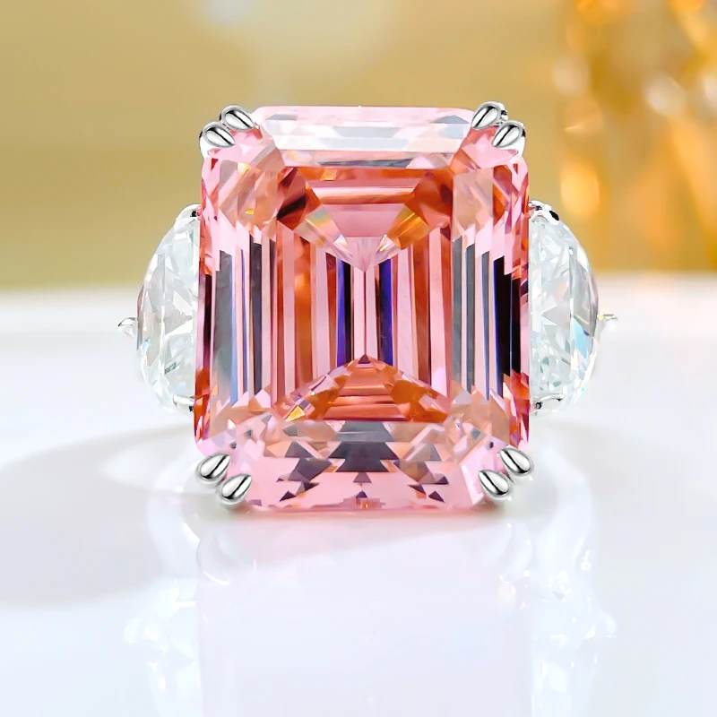 

Karloch rectangular 15 carat women's ring with sunset orange pink Ascot ring s925 silver high-end feeling and niche temperament