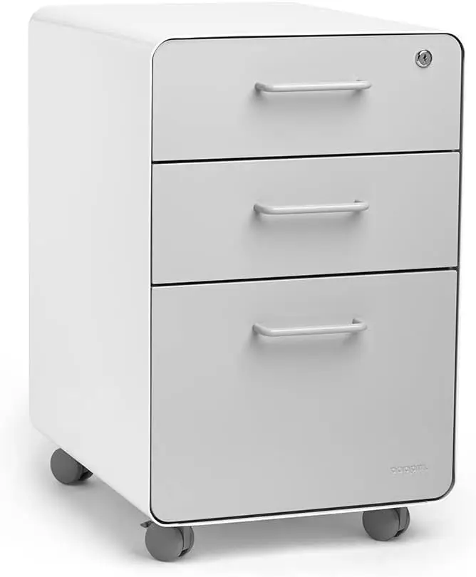 3-Drawer Rolling File Cabinet - White + Light Gray 2 Utility Drawers and 1 Hanging File Drawer Two Locking