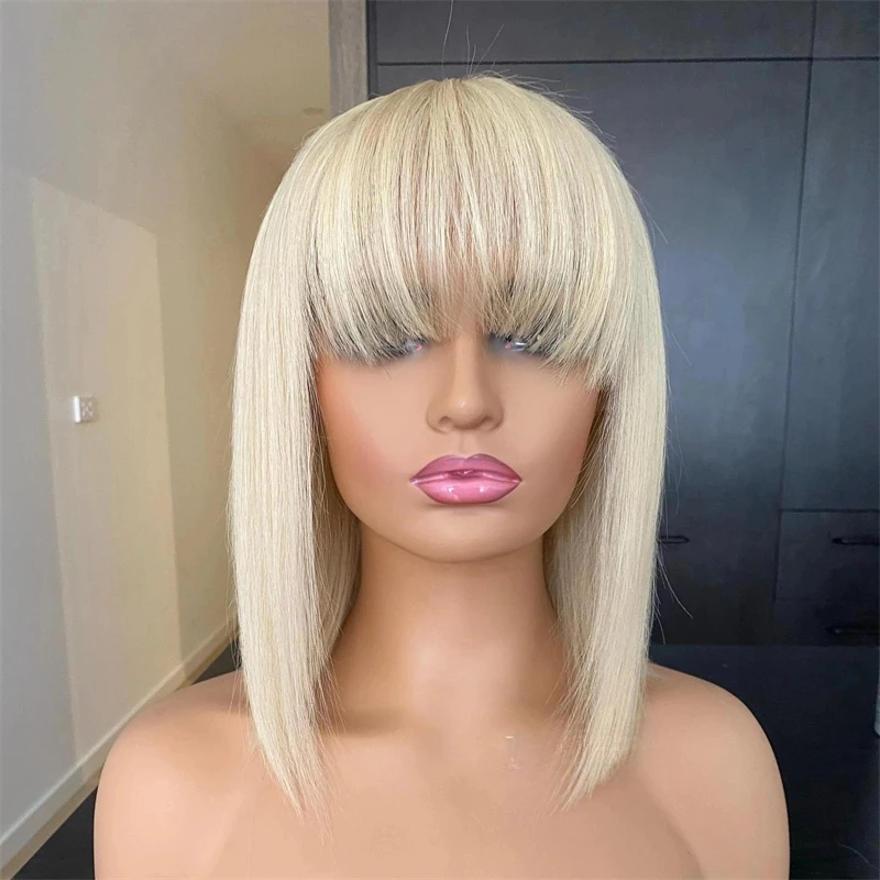 200% Density 12 Inches 100% Virgin Human Hair Light Platinum Blonde HD Transparent Lace Front Wigs Short Straight Bob With Bangs